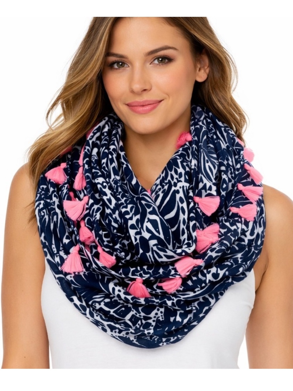 Lilly Pulitzer Navy/White and Pink Tassel Infinity Scarf